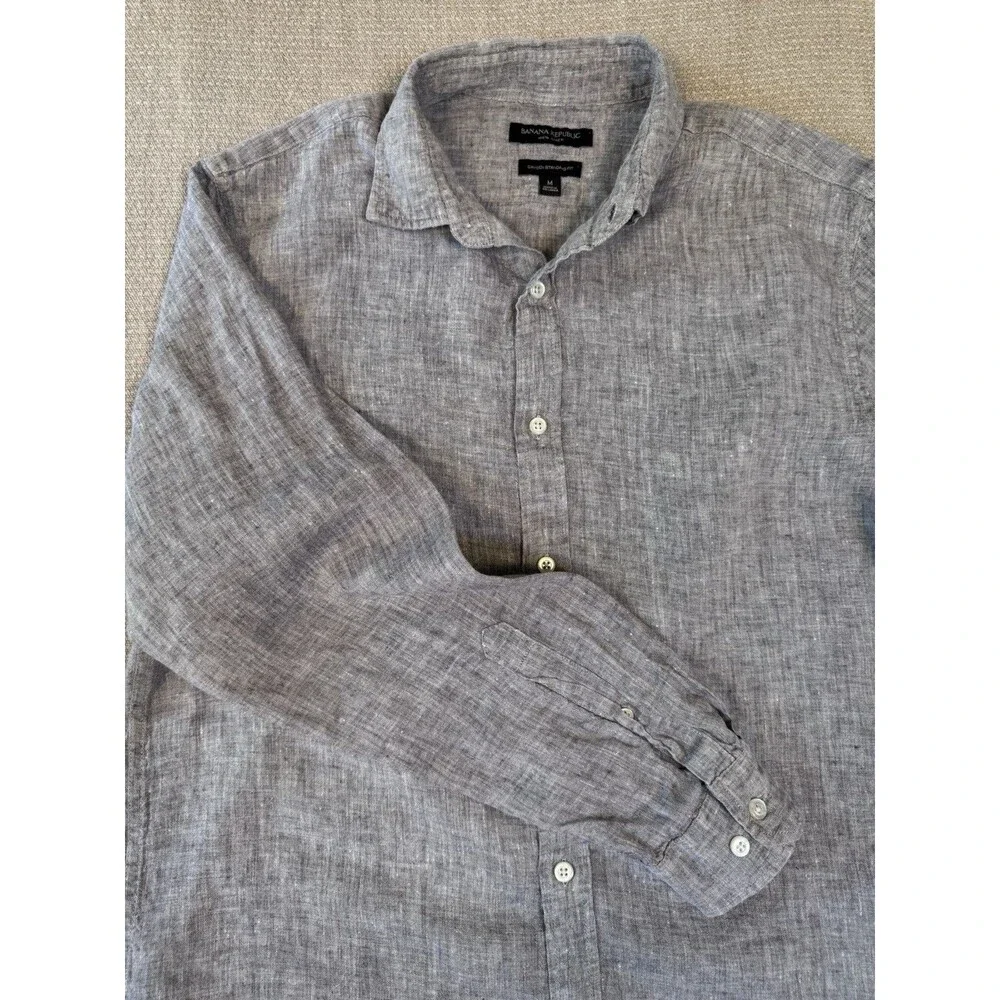 Banana Republic Shirt Mens M Gray 100% Linen Camden Fit Summer Button Down 596